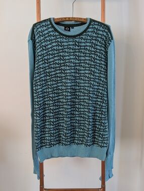 90s - GSUS SINDUSTRIES - Men's Blue/Green Patterned Crewneck